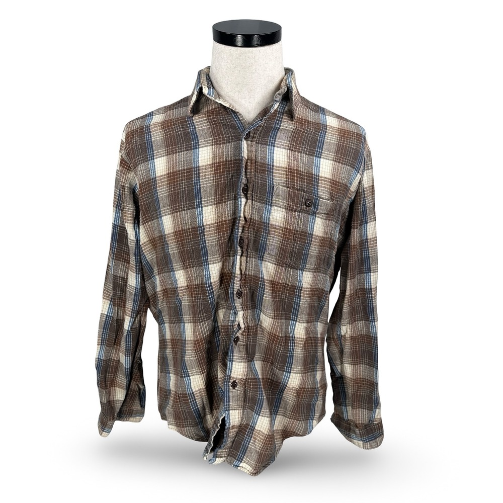 Vintage 70s Gap Flannel Button Down Shirt Lightweight Brown Plaid USA Mens L